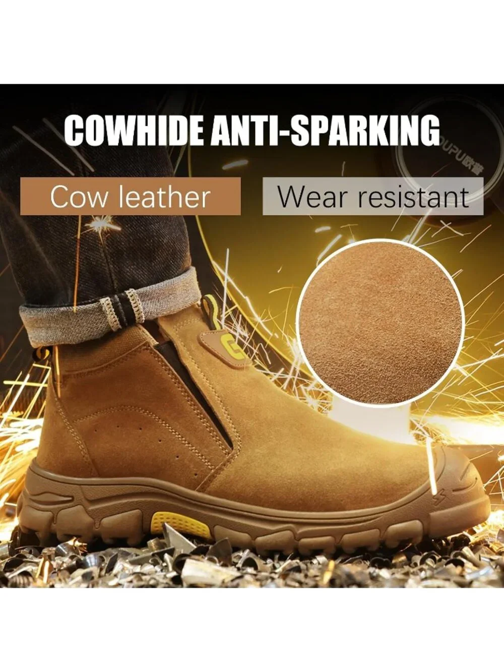 Men's Brown Fireproof Shoes Casual Steel Toe Mid Top Slip On Jobsite Work Boots